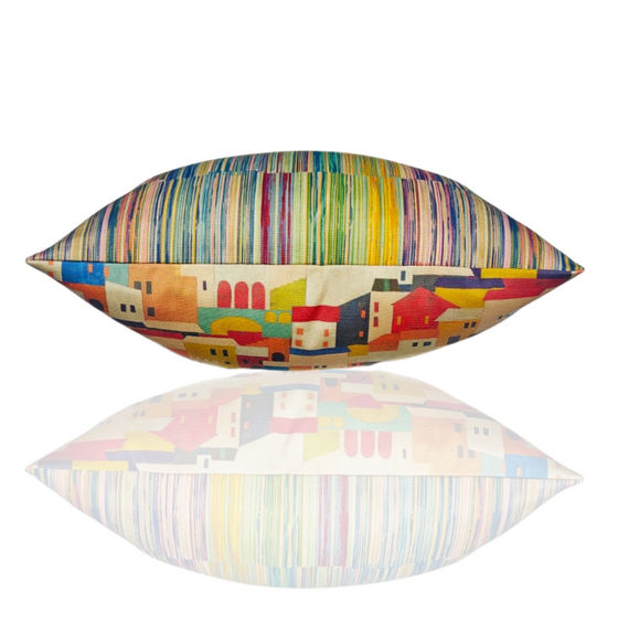 Outdoor cushion made from two different water repellent, fade resistant fabrics in warm tones capturing the essence of Italian vibes. Side profile 1