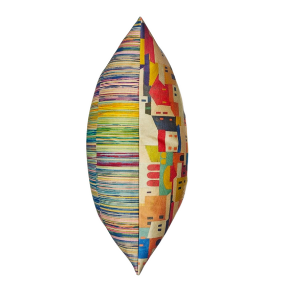 Outdoor cushion made from two different water repellent, fade resistant fabrics in warm tones capturing the essence of Italian vibes. Side profile 2